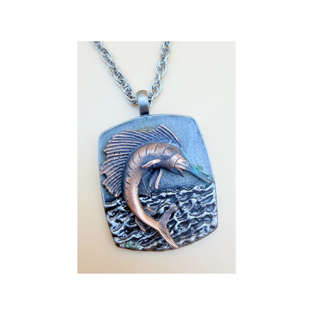 Sailfish Pendant Necklace Silver Tone Copper Tone Fish Textured Waves 17 Inch